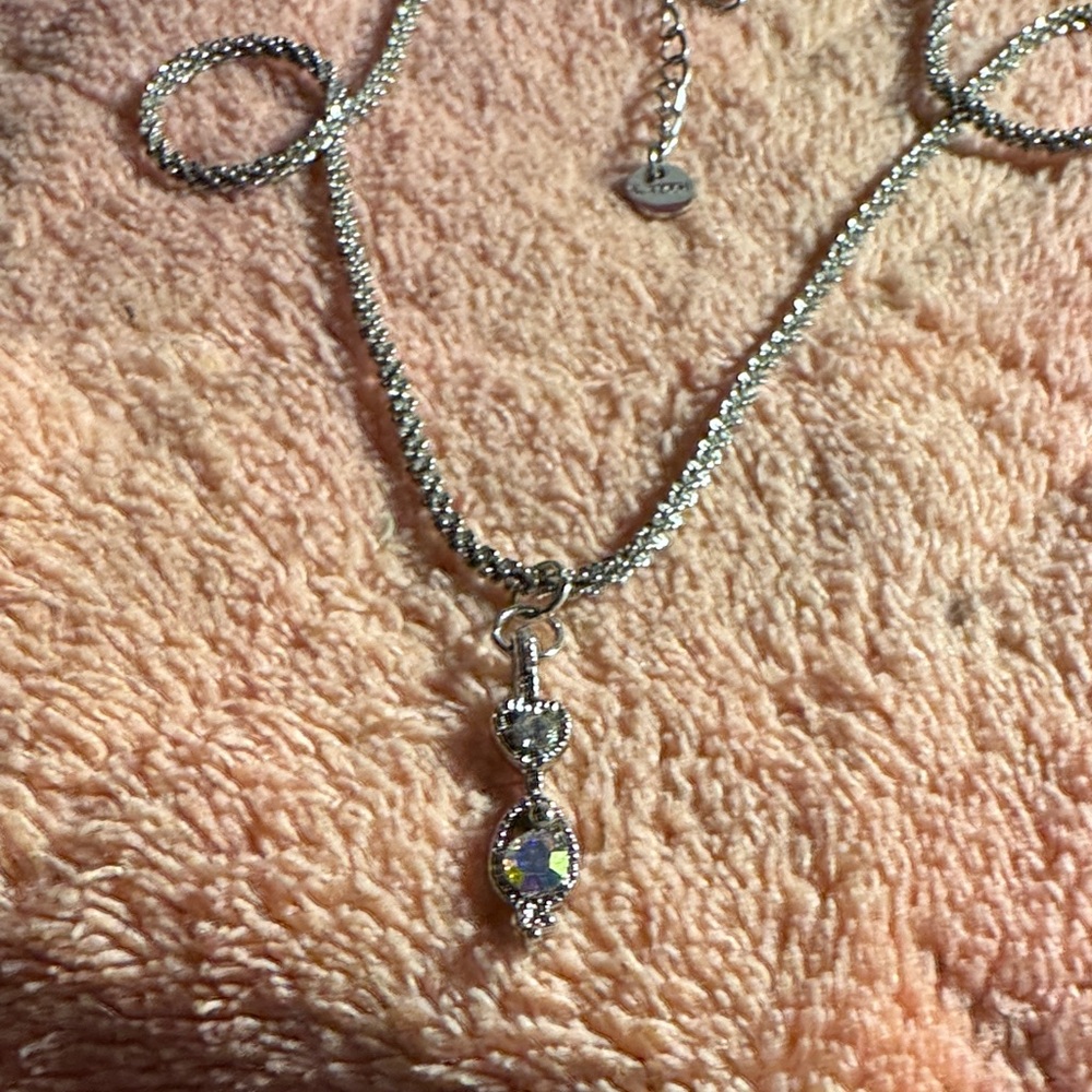 Dazzling Silver Like Necklace with Crystal Pendant 7” with 3” ext